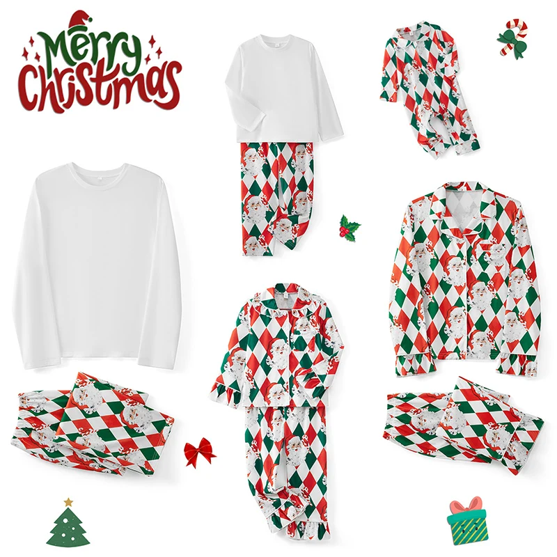 Hirigin Family Matching Christmas Pajama Set Diamond Grid Santa Long Sleeve Tops Elastic Waist Pants Jammies Xmas Sleepwear