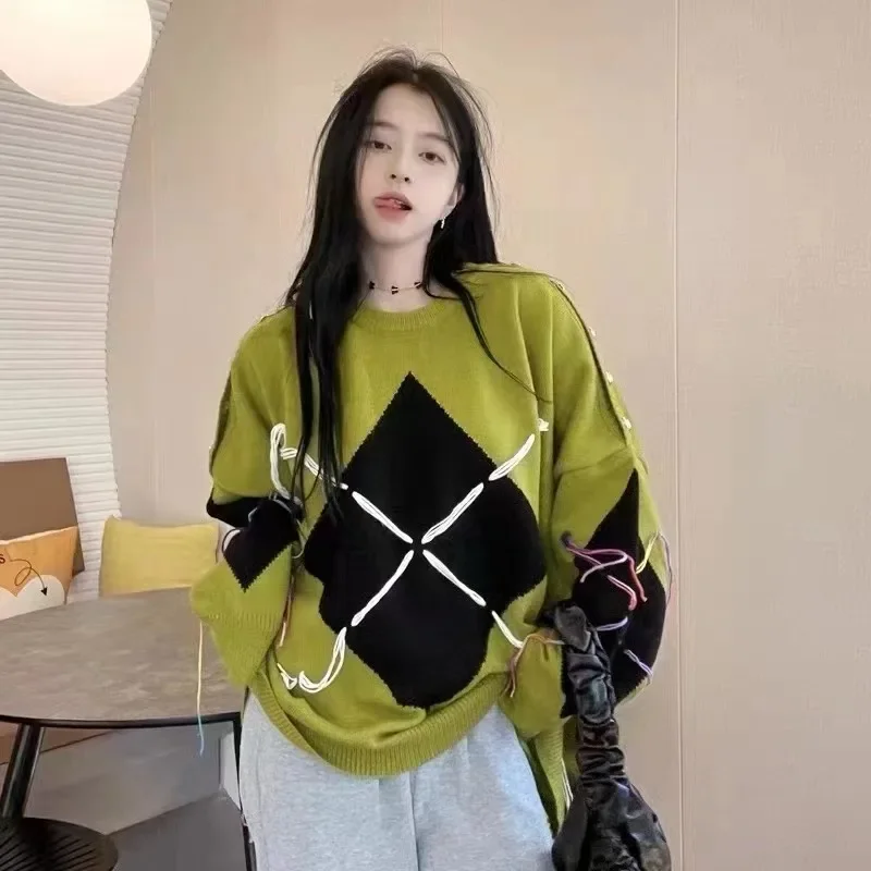 

Fashion Classic Trendy Luxury Designer High-end O-Neck Fringed Knit Panel Contrast Sweater Women Casual Loose Versatile Tops