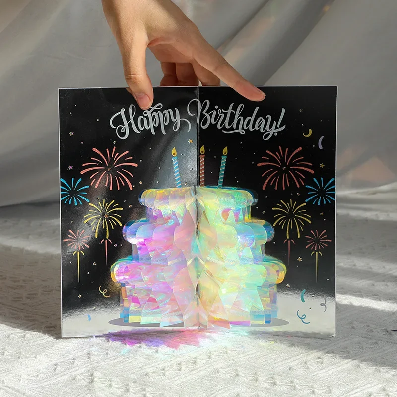 Birthday Card 1 pcs 3D Pop up Style Creative New Product Birthday Sparkling Cake Happy Birthday Card Handwritten Gratitude Message Card Gift