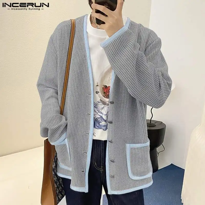 INCERUN 남성용 니트 가디건 블라우스, 패치워크 대비 질감 셔츠, 레저 스트리트웨어, 한국 스타일 상의, S-5XL, 2023