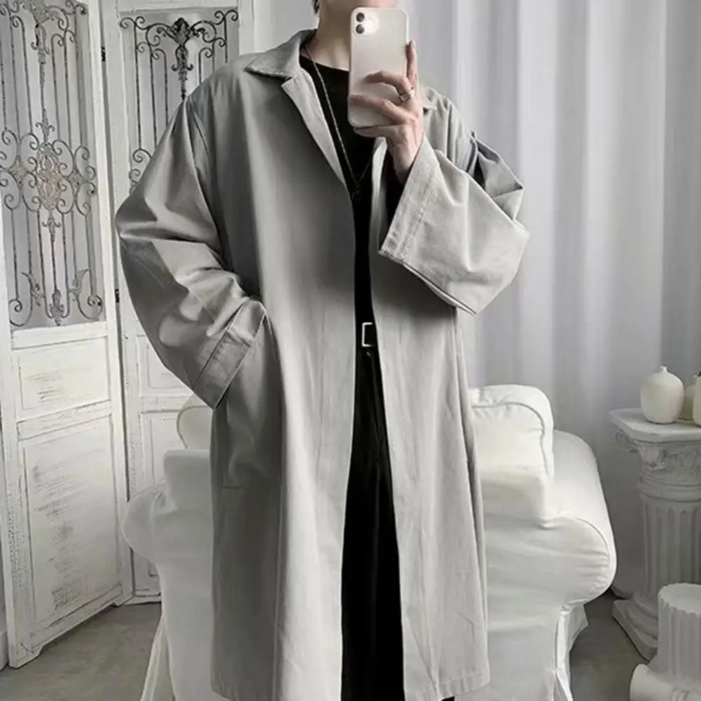 Men Trench Coat Men's Spring Autumn Thin Windbreaker Solid Color Flip Collar Mid Length Coat British Style Korean Edition Coat