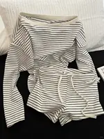 Pyjama à manches longues de style coréen, avec rayures noires et blanches et shorts à épaules dénudées, ensemble de vêtements de maison pour femmes, nouvelle collection 2025 1