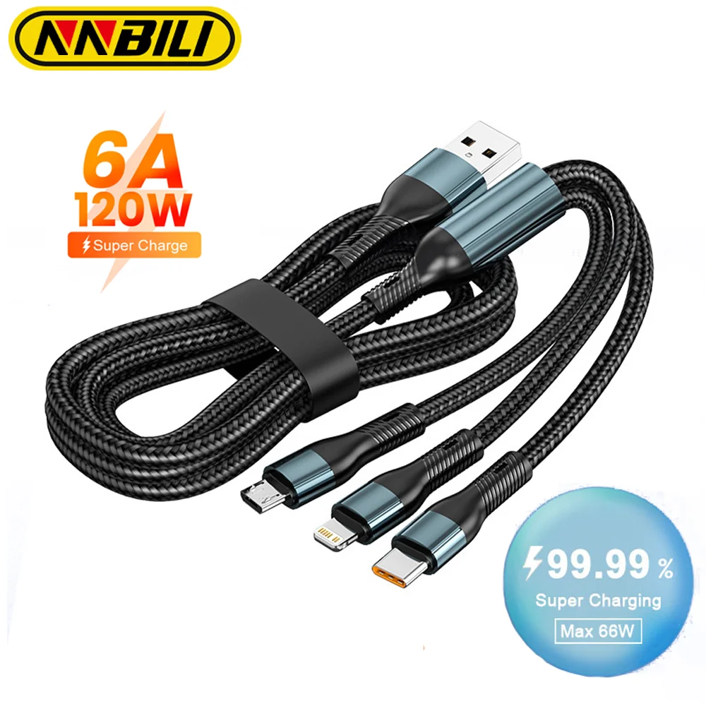 NNBILI 6A 120W 3 in 1 USB C타입 케이블 고속 충전 휴대폰 충전..