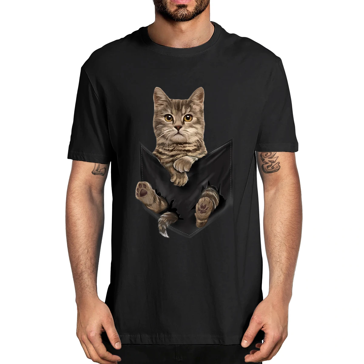 

XS-5XL 100% хлопок коричневый кот сидит в кармане подарки кошки забавная Мужская новинка футболка оверсайз Футболка повседневный Юмор мягкая уличная одежда