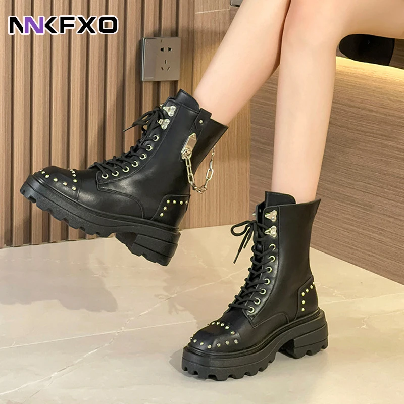 

New punk Lacing Women High Quality Genuine Leather Autumn Boots Block Heel Gothic Black chain Style Platform Shoe Female Footwea