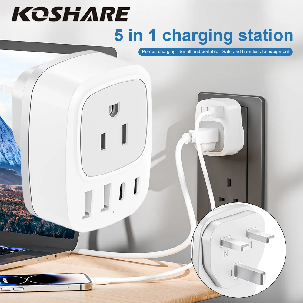 KOSHARE US to UK Travel Adapter Plug Outlet Expander Wall USB Charger 1 AC Outlet 2 USB 2 Type-C Ports