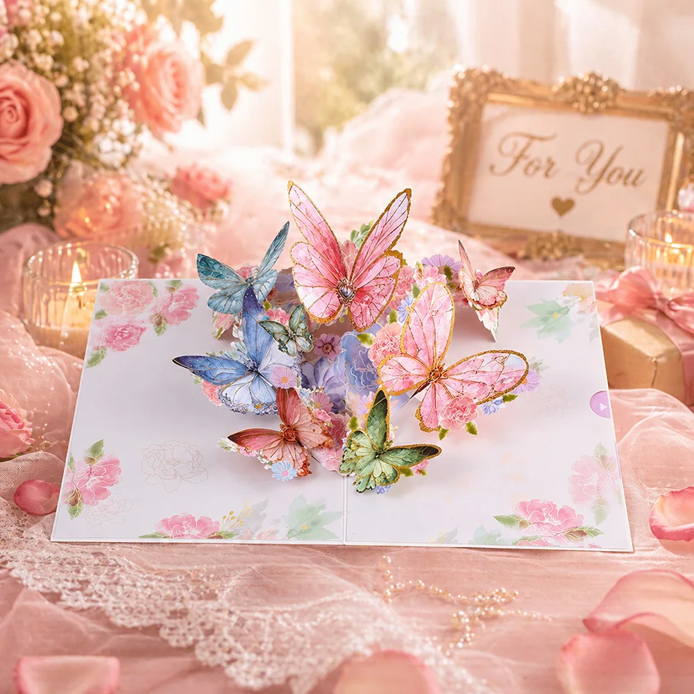 Romantic 3D Pop-Up Bouquet Card with Butterflies – Handmade Surprise