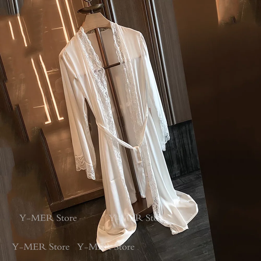 Wedding Bridal Bathrobe Big Lace Flower Nightie Wear Women Satin Kimono Long Loose Peignior Spring Autumn New Intimate Lingerie