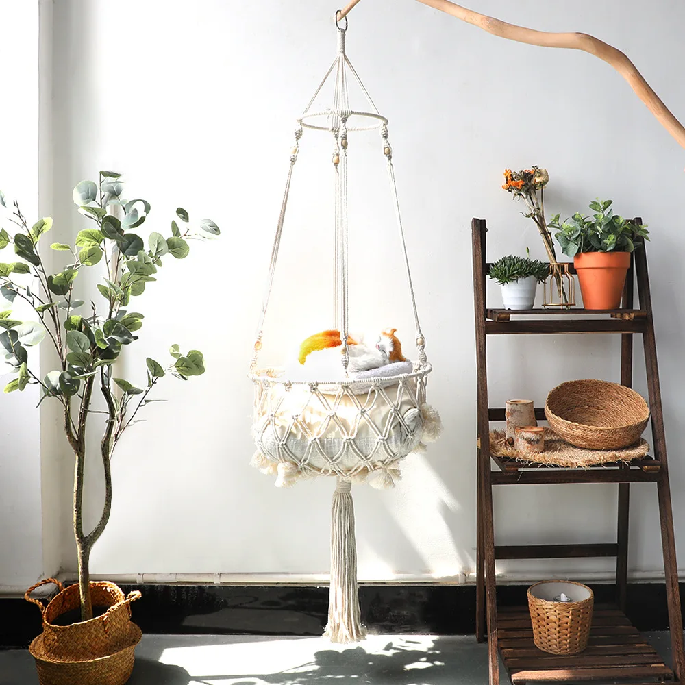 

Large Macrame Cat Hammock Macrame Hanging Swing Cat Bed Basket Home Pet Cat Accessories Cat's House Puppy Bed Gift