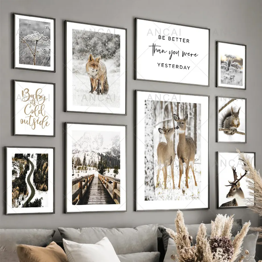 

Зимний пейзаж, лес Лось белка, лиса, настенное искусство, холст, живопись, скандинавские постеры и принты, картины для украшения гостиной