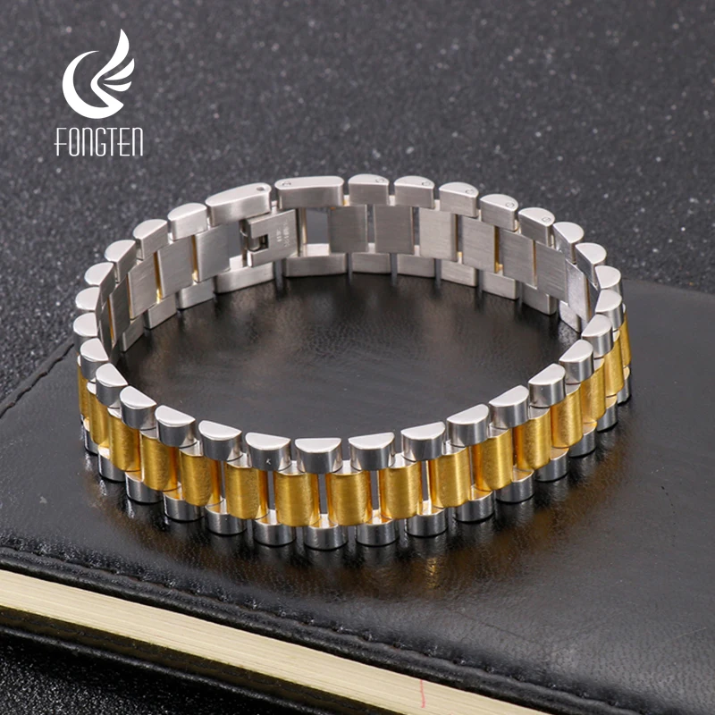 

Fongten Watchband Chain Men Bracelets Gold Silver Color Stainless Steel Wrist Charm Bangle Bracelet For Men Hip Hop Jewelry