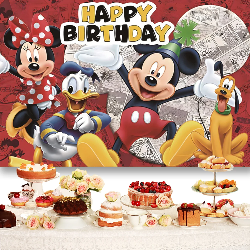 미키 마우스 테마 생일 배경 소년 소녀, 파티 케이크 테이블 장식 배너, 미키 미니 사진 배경 소품
