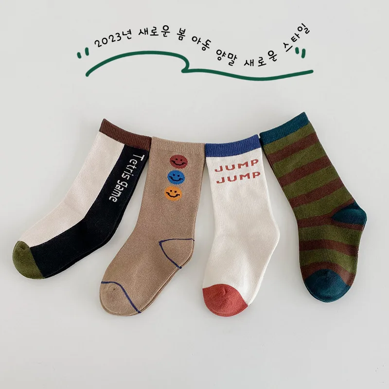 Children Socks 4 Pairs Autumn Letter Sport Cotton Non-slip Kids Boys Girls Calf