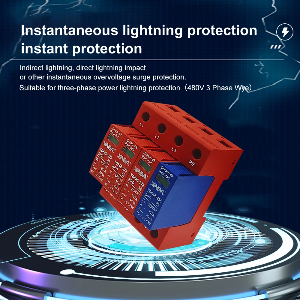 DIN Rail Surge Protector Voltage Surge Arrester Device 2.0KV (4P 40KA) 4P 3-Phase Lightning Protection Device
