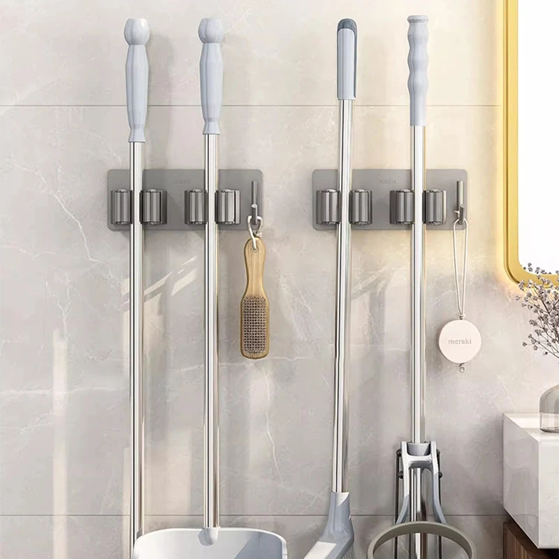 Bathroom Mop Holder Self-adhesive Wall Mounted Broom Stand Sweeping Brush Storage