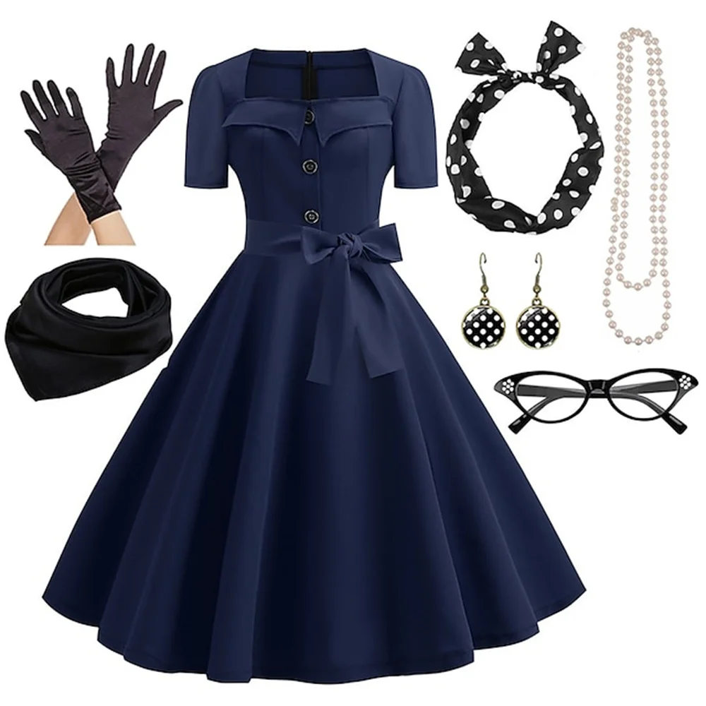 

Women's A-Line Flare Dress with Accessories 1950s 60s Retro with Headband Chiffon Scarf Earrings Cat Eye Glasses Sunglasses