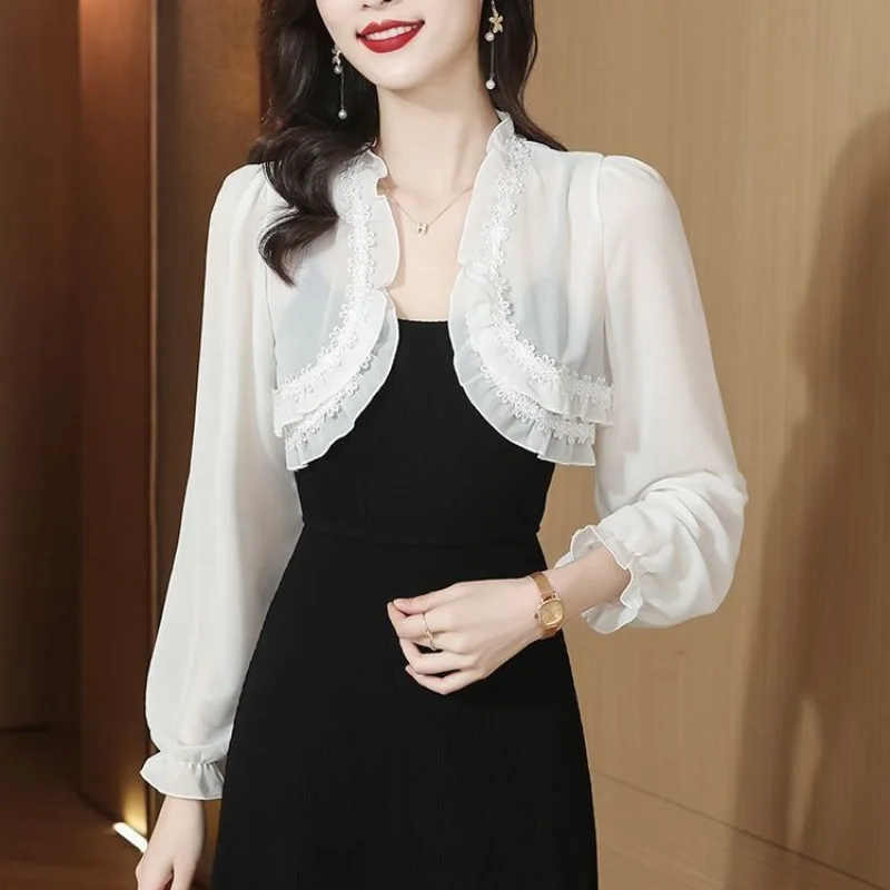 여성용 화이트 블랙 플로럴 쉬폰, 여성용 볼레로 웨딩 랩, 긴팔 오픈 프론트 쉬그 숄, 신부 가디건, 탑 커버