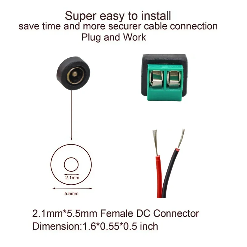 DC 12V Power Plug Adapter Jacks Sockets Connectors For Signal LED Strip CCTV Camera 2.1*5.5mm