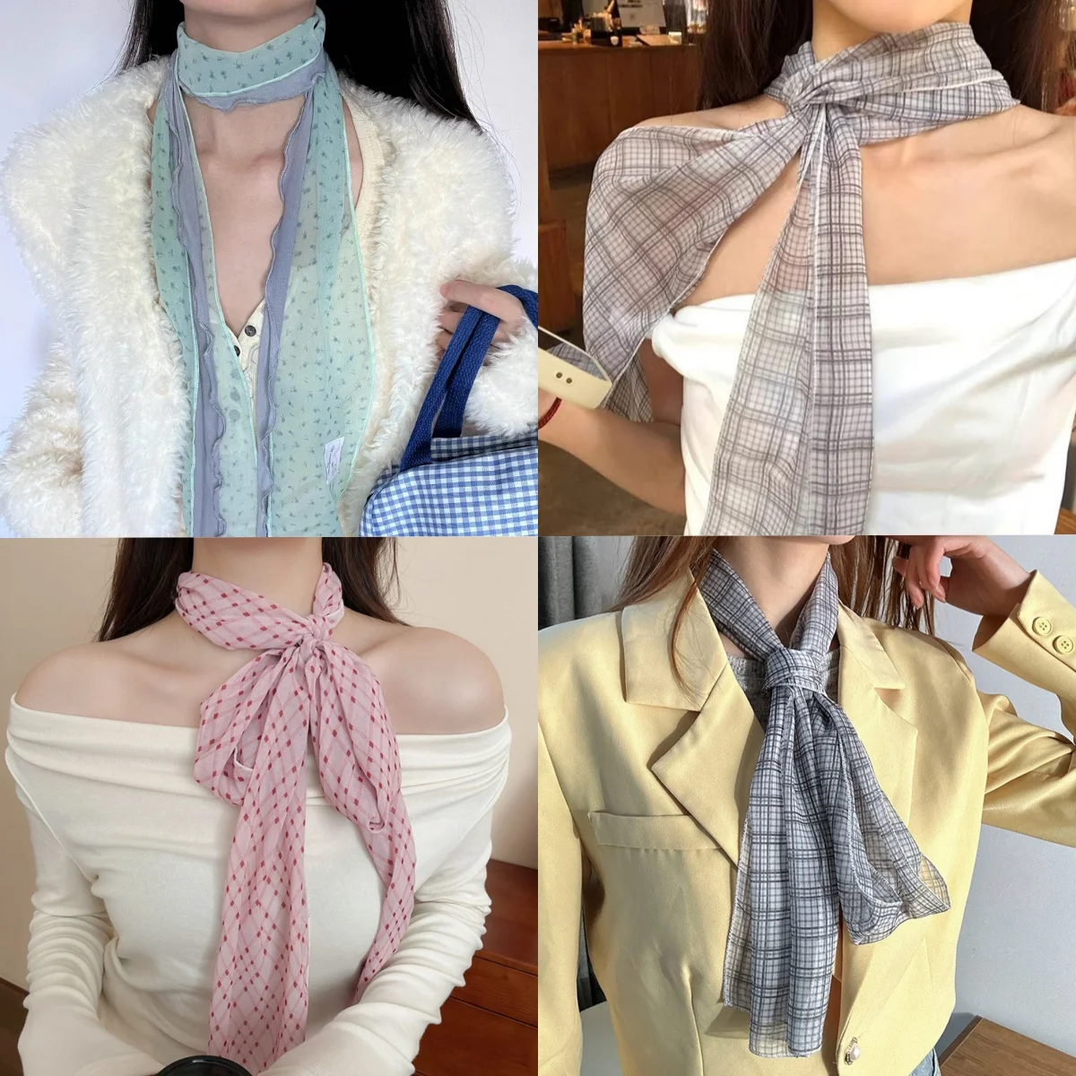 Neck Strap Plaid Long Silk Thin Neckerchief Travel Photo Props