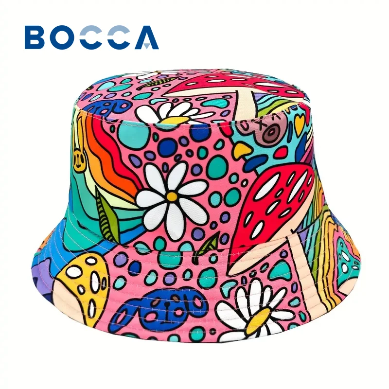 Fisherman Hat Bocca Cartoon Mushroom Bucket Hat Flower Graffiti Double Sides Panama Cap for Men Woman Outdoor Summer Beach
