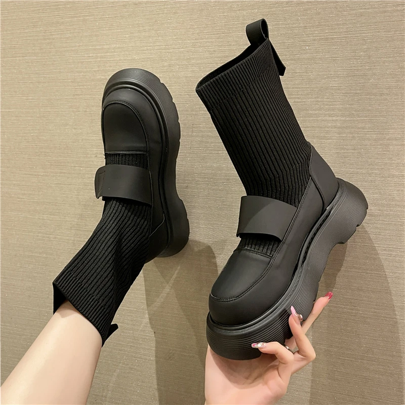 

Женские вязаные ботинки, повседневные ботинки на толстой подошве, сетчатые красные короткие сапоги, большие размеры, Осень-зима 2022