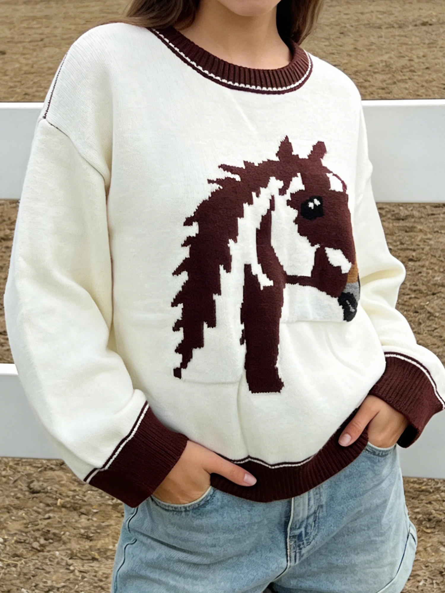 Women s Cozy Winter Sweater with Long Sleeves and Round Neckline Featuring a Stylish Horse Head Print Design