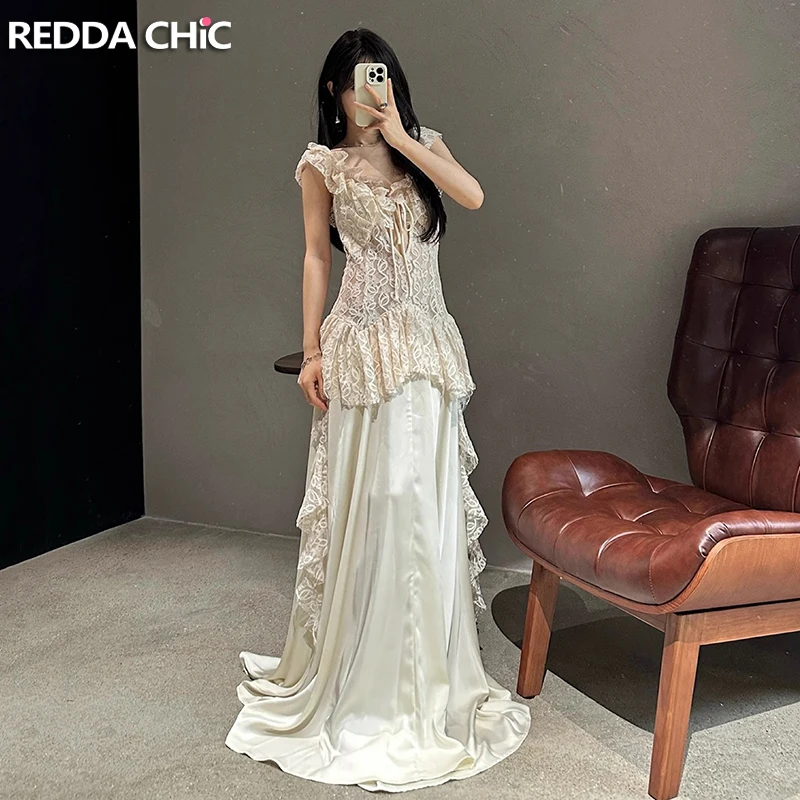 

REDDACHiC Sheer Lace Stitch Evening Party Gown Flowy Ruffle Bandage V-neck Slim Maxi Long Princess Dress Medieval Retro Clothes