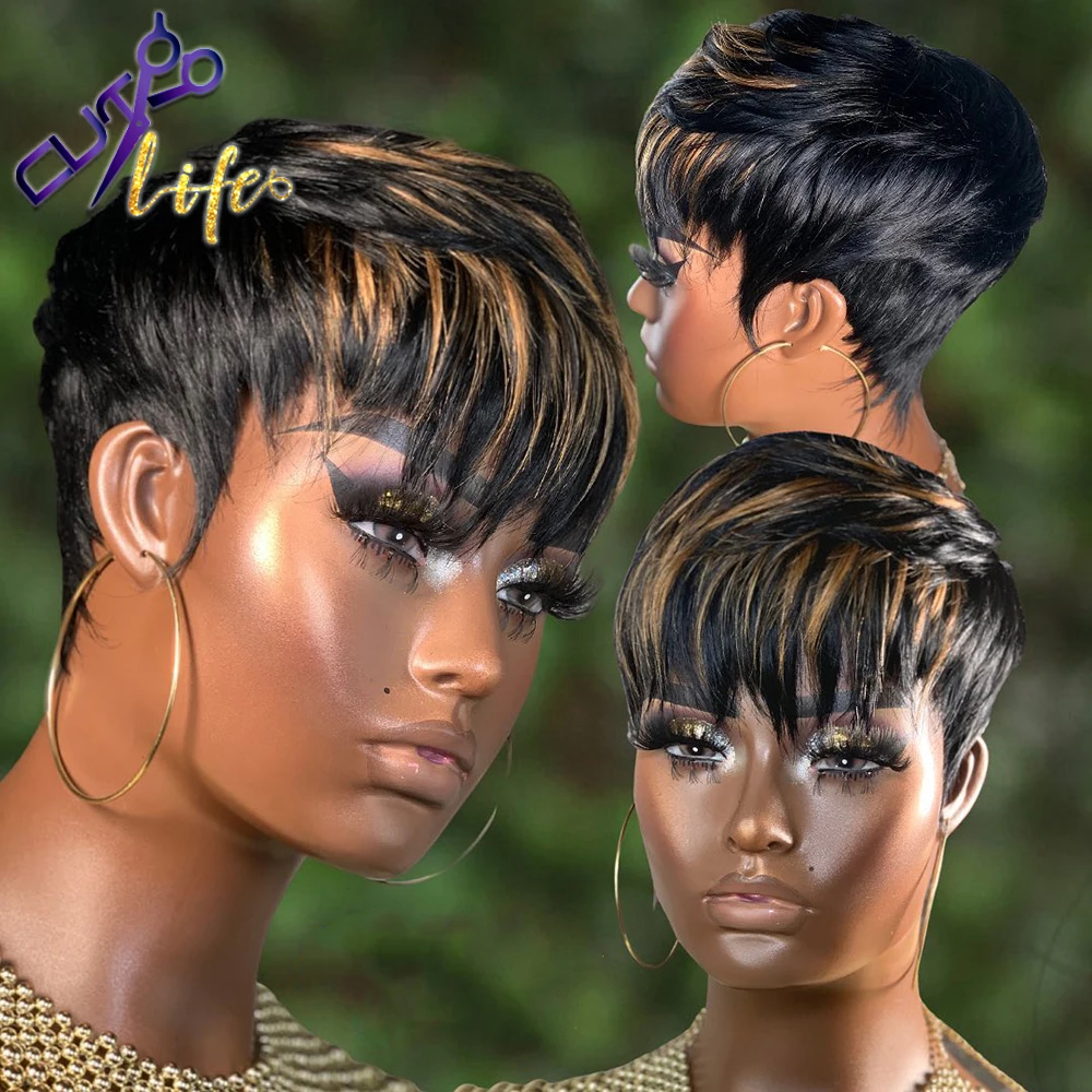 Short Pixie Cut Wigs Wear And Go Full Machine Wig With Bangs Dovetail Straight Highlight Blonde Remy Human Hair Mullet Wigs