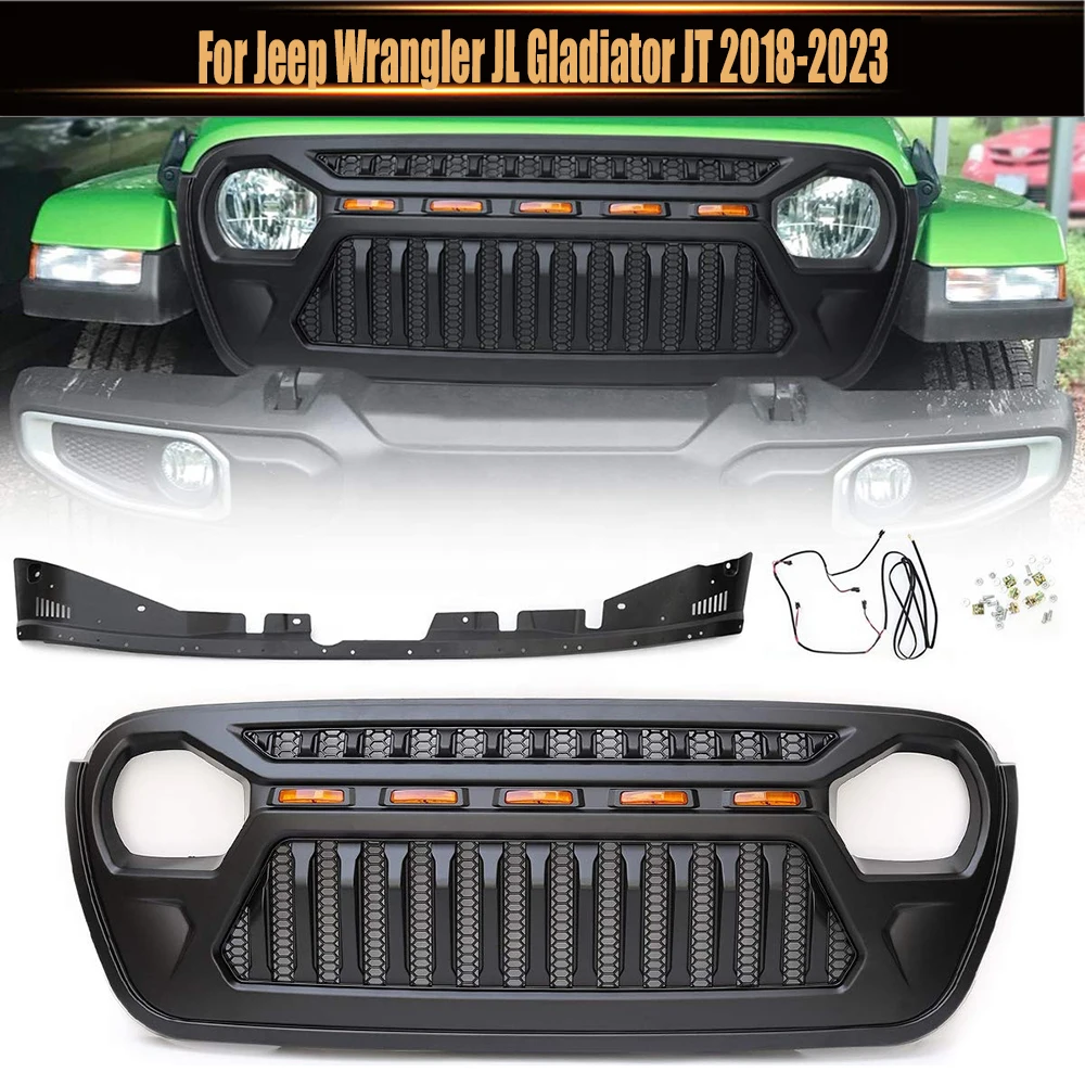 

For Jeep Wrangler JL Gladiator JT 2018-2023 Accessories Offroad Bumper Grille with Light Front Grille Mesh Grill Racing Grills