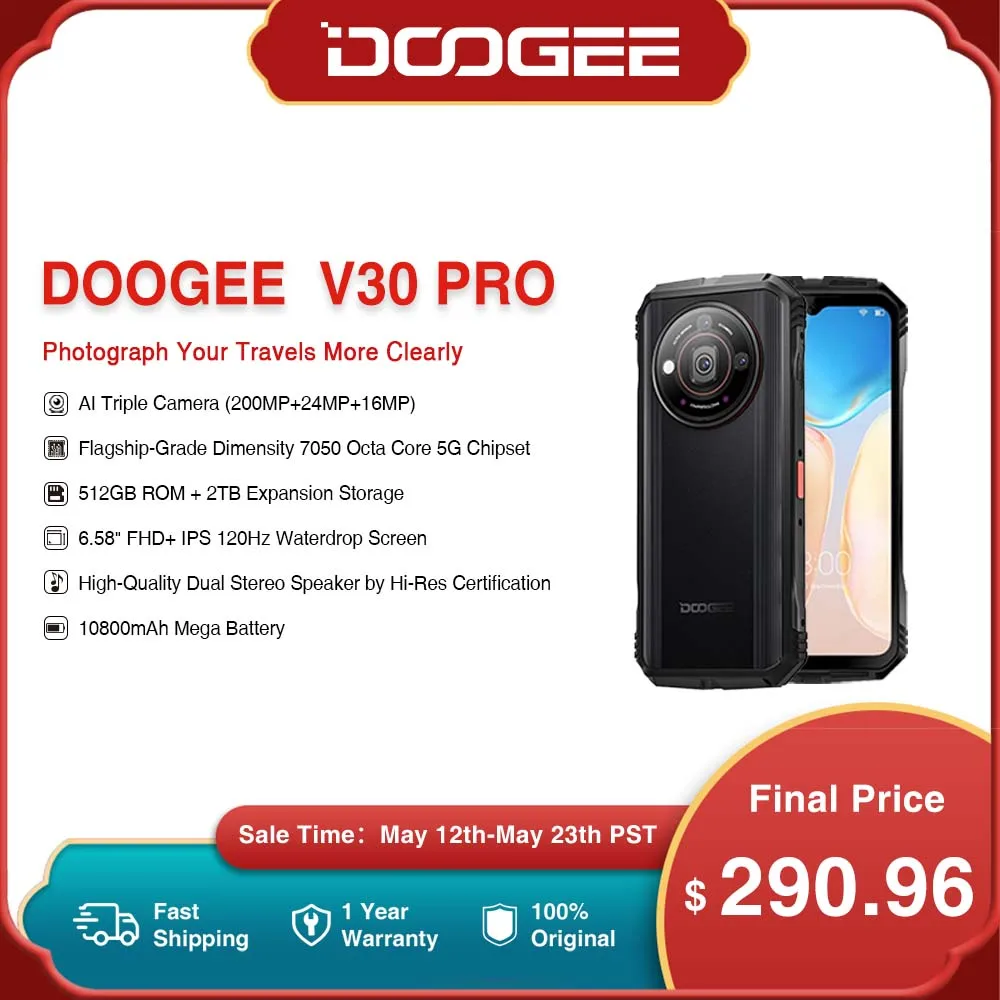 DOOGEE V30 프로 견고한 휴대폰, 200MP 카메라 치수 7050 5G 스마트폰, 6.58 인치 FHD 디스플레이, 10800mAh, 32 RAM, 512 ROM, 월드 프리미어 