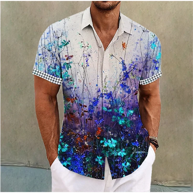 Hawaiian Summer Floral Shirt Men's Geometric Print Short Sleeved Top Oversized Seaside Holiday Casual Clothing 4XL