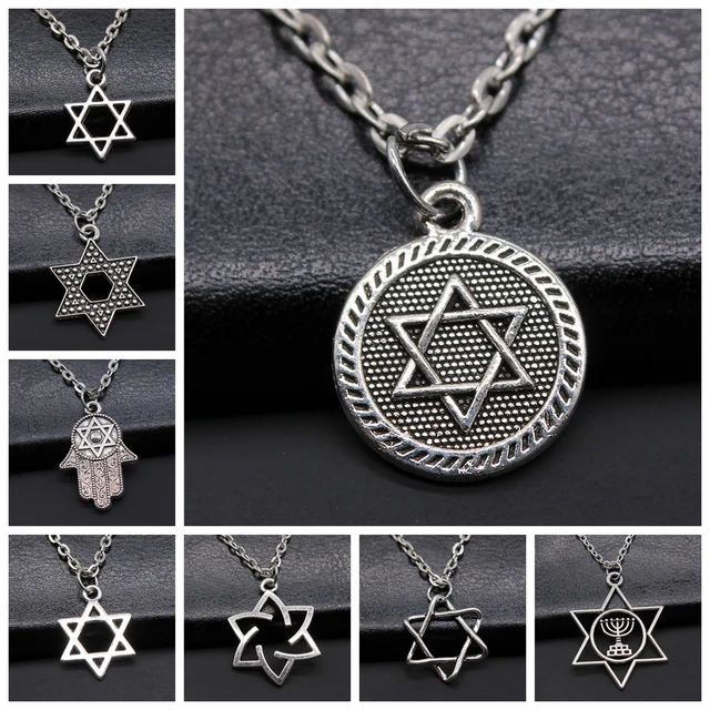 Collar con colgante de Estrella de David para hombre y mujer, de Israel, cadena Judaica, Color plata antigua, joyería judía - AliExpress