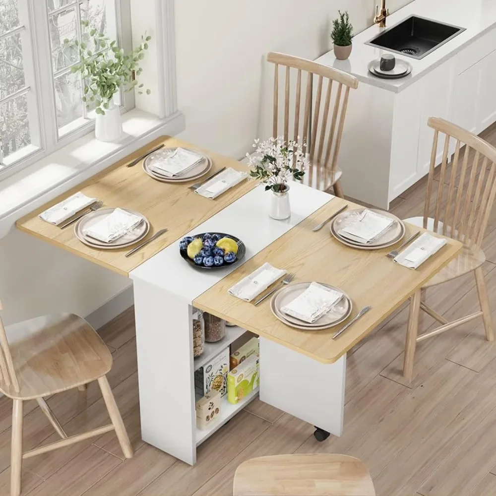 

Компактный складной обеденный стол с 2-уровневым хранилищем, выдвижной деревянный кухонный обеденный стол с листьями для фермерского дома, набор столов для 4