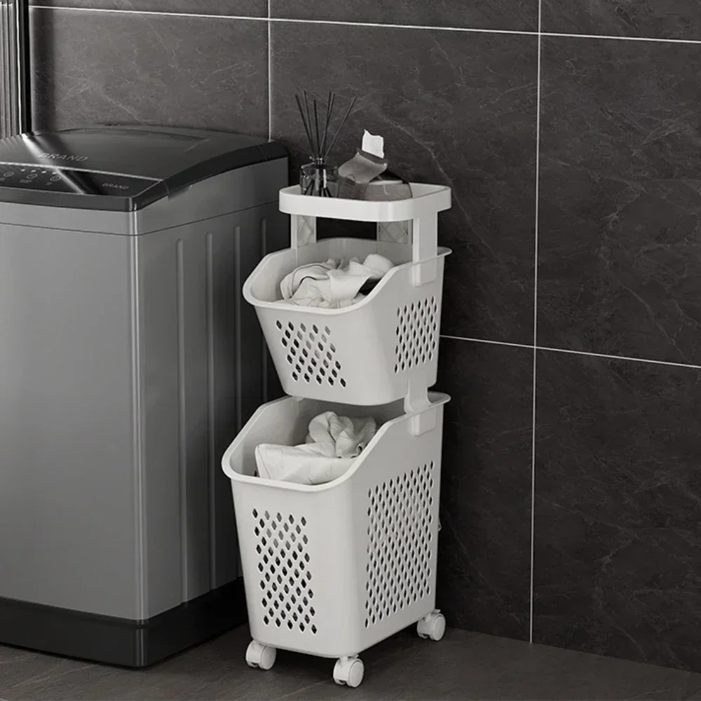 Rolling Laundry Basket Multifunctional Dirty Clothes Shelf With Wheels Bathroom Organizer Multilayer Laundry Storage Rack