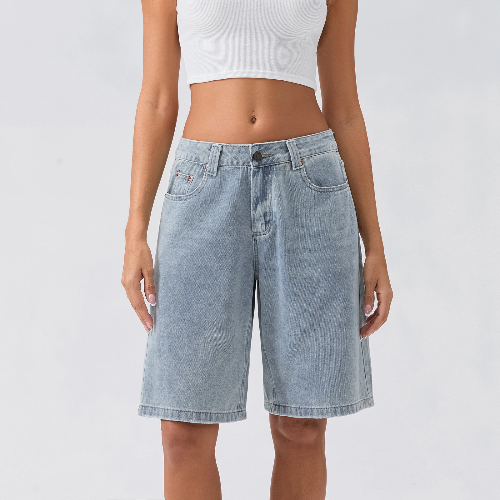 New Fashion Womens Knee Length Denim Shorts Loose Solid Color Low Rise Wide Leg Long Shorts With Pockets For Summer S-2XL