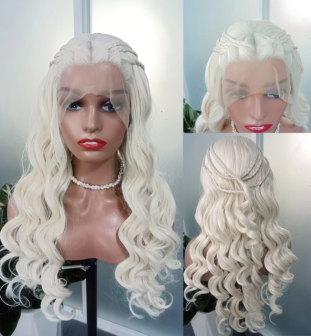 

Diniwigs Platinum Blonde Long Body Wave Wig with Braids Synthetic Lace Front Wigs for Women Daenerys Cersei Cosplay Costume Wig