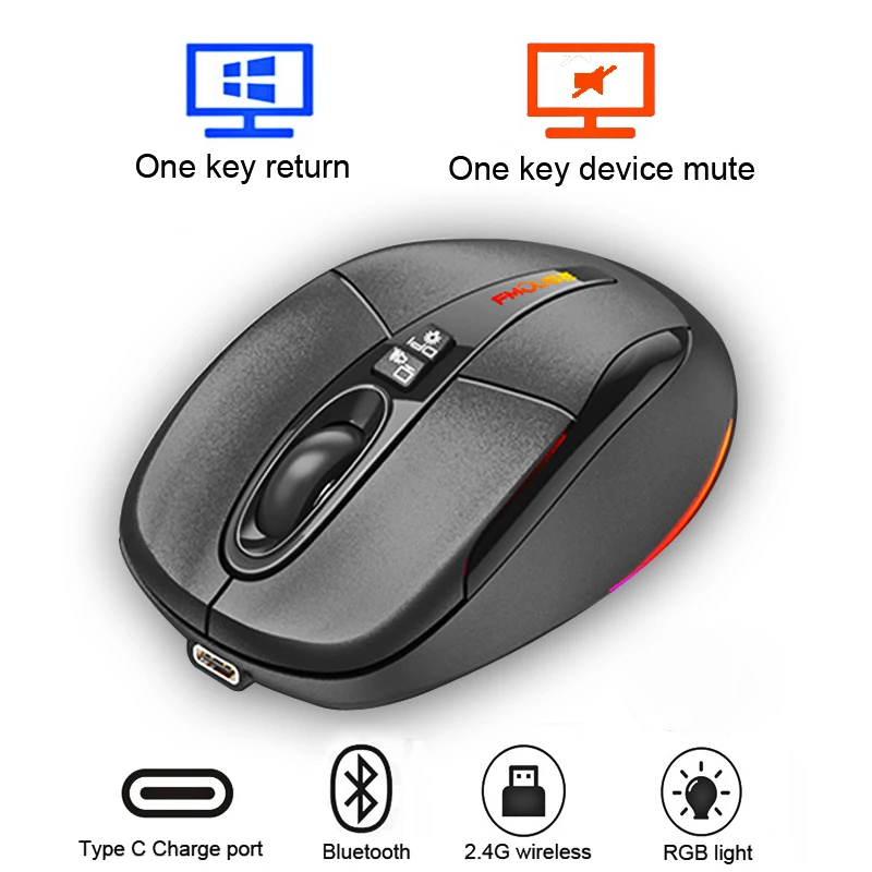 Wireless Mouse Multi-Function Bluetooth 2.4G One-Click To Desktop Type-C Rechargeable Mute Silent RGB Backlight 2400DPI