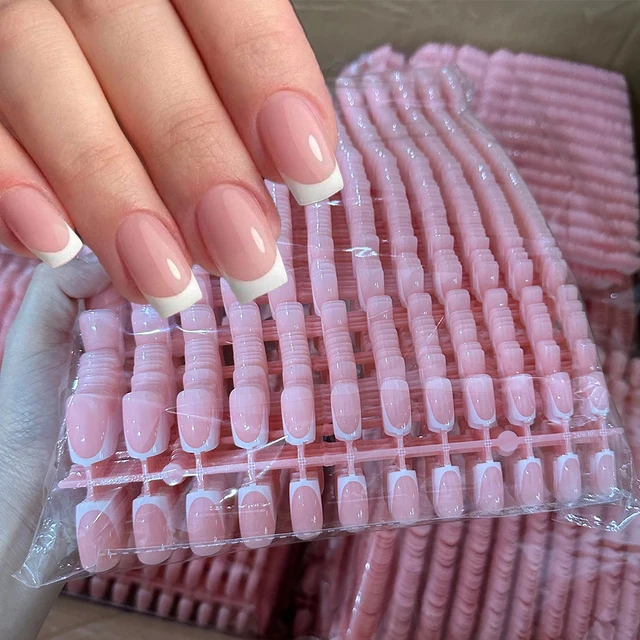 120Pcs Short Square Coffin French Fake Nails Glossy Pink Full Cover Wearable Press on Nails Wearable Acrylic Fake Nails Tips # 1