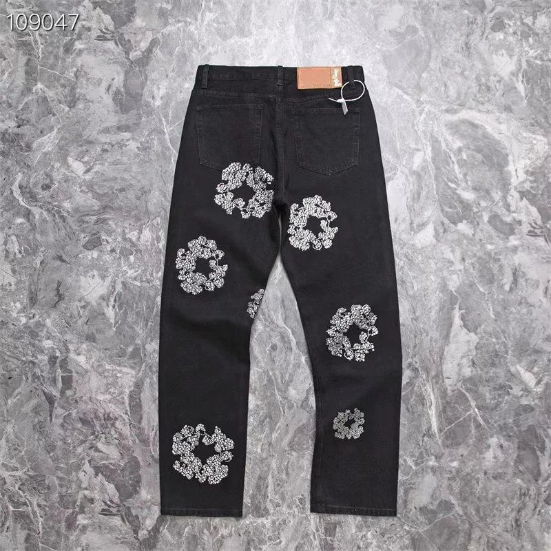 

23SS New Black Washed Diamond Inlaid Kapok Jeans Men Women Kanye Oversize Denim Trouser