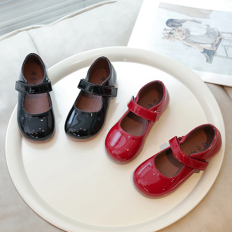 Children's Leather Shoes New Spring Autumn Girls Princess Shoes Fashion Glossy PU Red Kids Causal Ballet Flat Simple