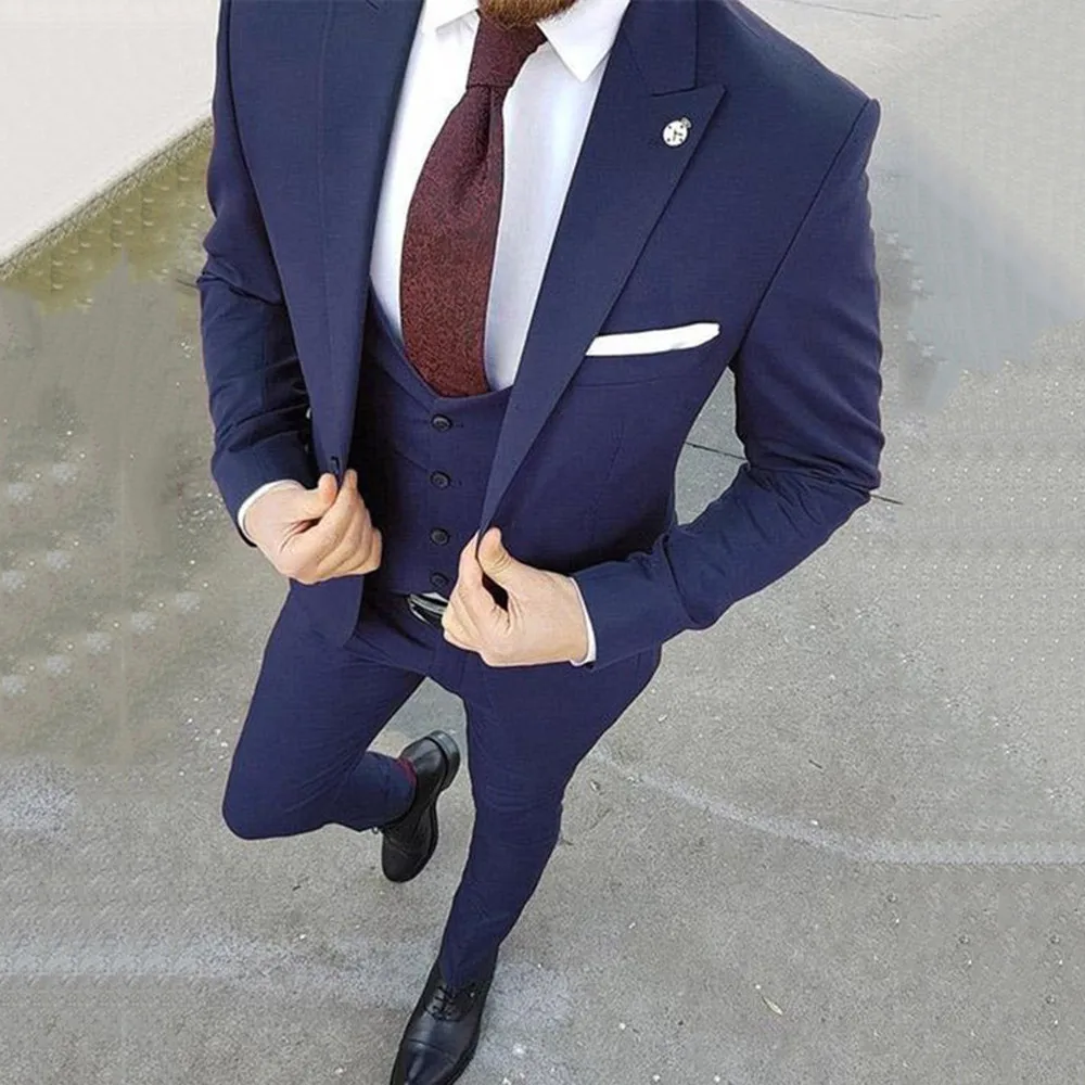 

2023 New Arrival Navy Blue Men Suits Slim Fit Peak Lapel 3 Pieces Wedding Suits Male Tuxedos Blazer+Vest+Pants Costume Homme