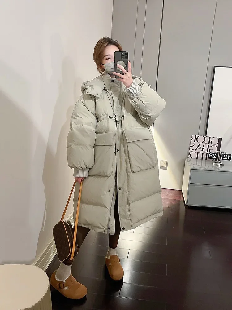 Winter Korean  Hooded White Duck Goose Down Down Long Down Padding Coat Women's Loose Commuter Thickened Padded Jacket Coat