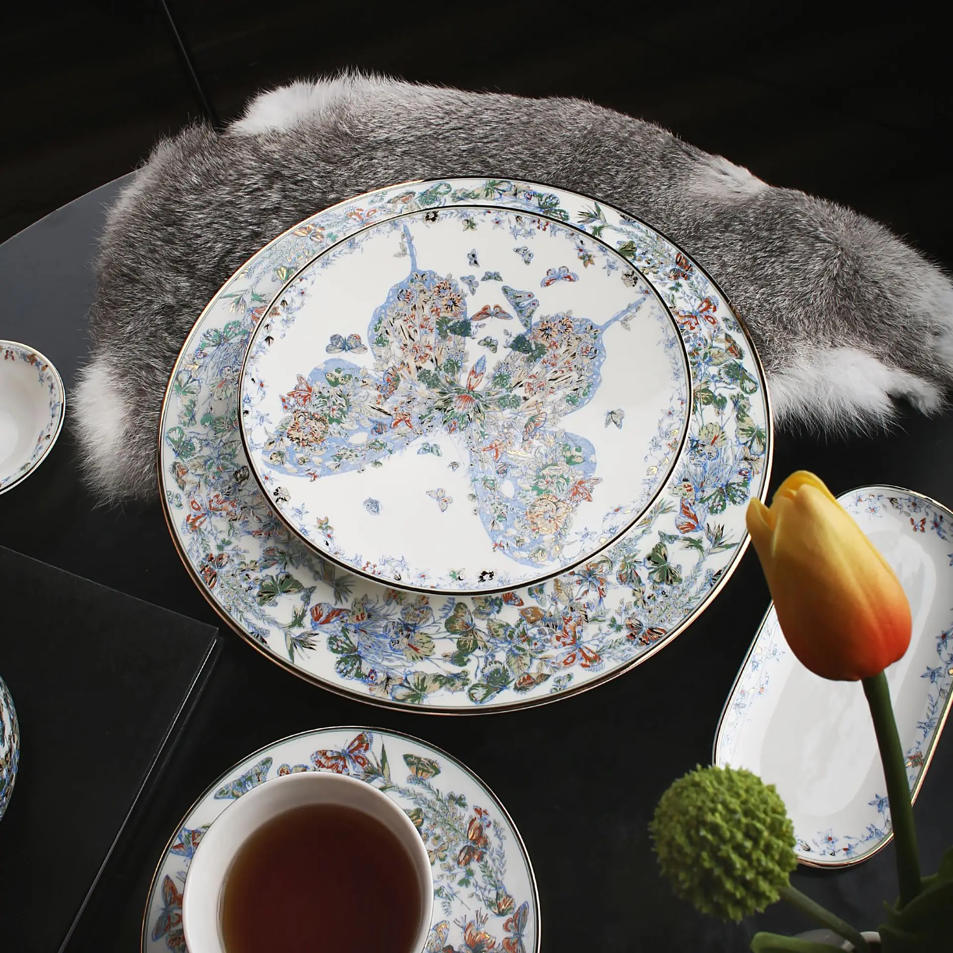 High bone China blue butterfly grammar tableware retro light luxury plate European home dining bowl spoon Western plate set