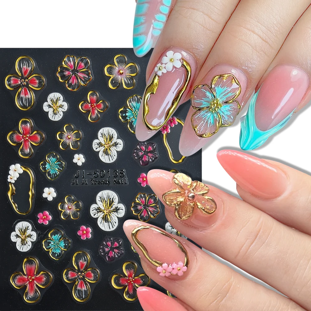 5D Gold Hawaiian Flower Nail Art Stickers Colorful Hibiscus Petal Decal Relief Lily Nail Sliders Charms Manicure Decors LEBJI-5D nail stickers nail art decoration nail decals flower stickers