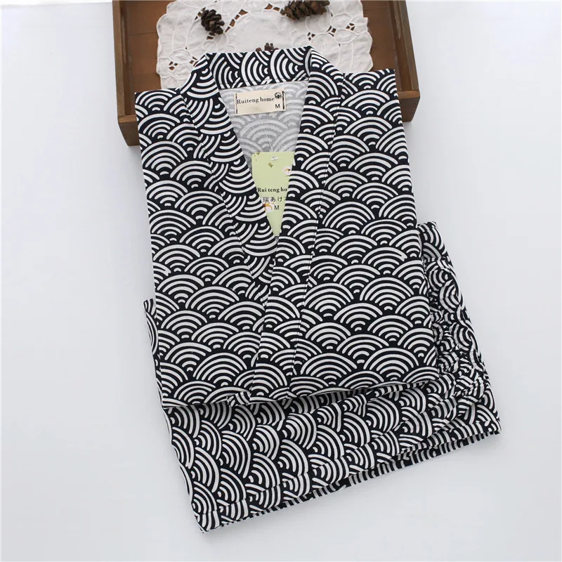 Men Japanese Kimono Pajamas Wave Patterned Long Sleeved Shirt Trousers Set Cotton Gauze Loose Fit