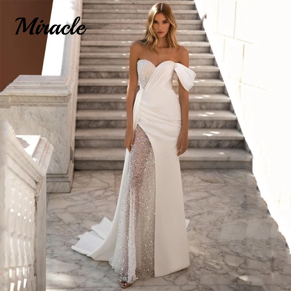 

Sparkly Mermaid Wedding Dresses Boho One Shoulder V Neck Bridal Gowns Sequines Satin Side Slit Bride Robes Vestido De Novia