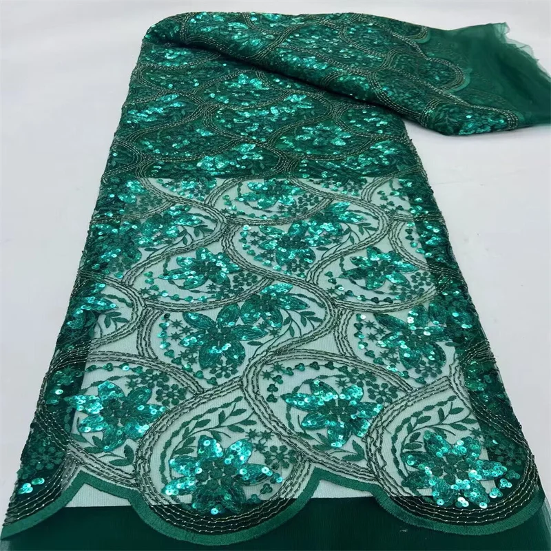 

Green 2024 New Net Sequin African Lace Fabric 5 Yards Swiss Quality French Sequence Embroidery Nigerian Organza Lace For Wedding