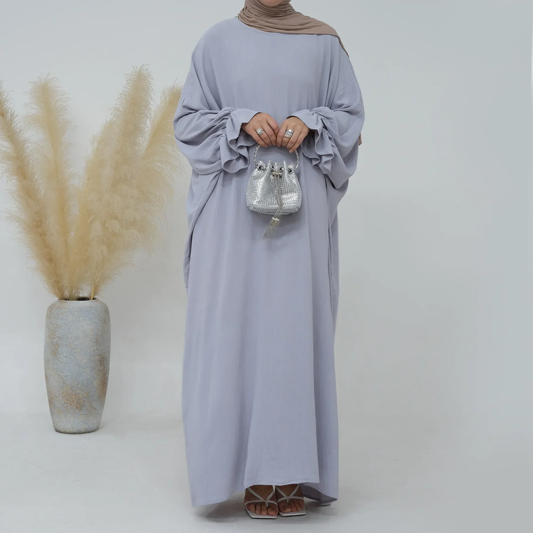 Ramadan Abaya for Women Crepe Crinkle Batwing Plain Muslim Hijab Dress Islamic Prayer Clothing Turkish Dubai Kaftan Robe Jilbab
