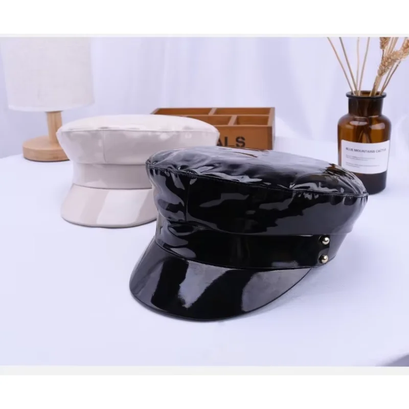 New Patent Leather Beret Ladies Hats Solid Color Flat Top Hat PU Slouchy Bone Cap Women Punk Hat