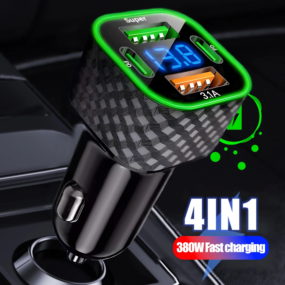 380W USB Car Phone Charger Dual PD 4 In 1 With Voltage Display Super Fast Charge Adapter For IPhone Xiaomi Samsung_voghion.com